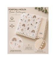 Ponponlu Müslin Bebek Battaniyesi 80x90 cm %100 Pamuk Çift Taraflı Pike Beb