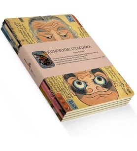 Faces Series - A5, Kuniyoshi Utagawa 4'lü Defter Seti I, Çizgisiz, Toplam 256 Sayfa, Her biri 64 Sayfa, Tel Dikiş, Esnek Kapak, Oval Kenar, Tuval Doku, 60 gram, Sarı Krem Renk, çok renkli