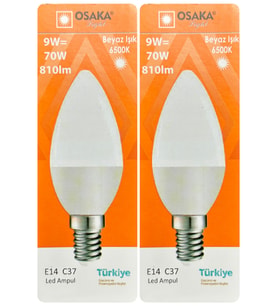 (2 Adet) Osaka 9W (70W) Beyaz Işık (6500K) E14 Duylu (İnce Duy) Led Mum Ampul