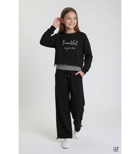 Bordo Kız Çocuk Çizgili Croplu Sweatshirt 3lü Geniş Paça Eşofman Takımı 24778