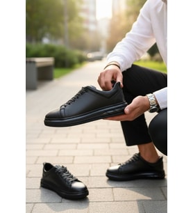 Enoch Hakiki Deri Siyah Günlük Bağcıklı Erkek Sneaker Comfort Taban Ayakkabı