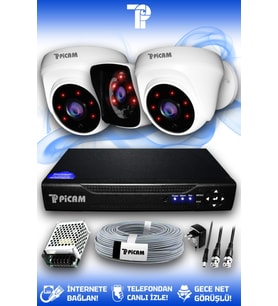 PICAM 3 Kameralı Kare 2 İç Kamera Set HDD'siz Full HD Gece Görüşlü Güvenlik Kamerası Sistemi