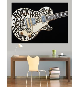 Gitar Şeklinde Yazılarla Rock Müzik  Dekoratif Kanvas - Mdf Ahşap Tablo