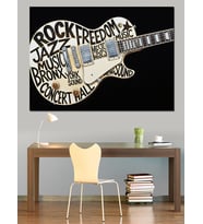Gitar Şeklinde Yazılarla Rock Müzik  Dekoratif Kanvas - Mdf Ahşap Tablo