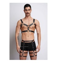 Erkek Deri Göğüs Harness ve Bacak Harness Takım (Siyah)