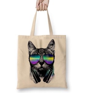 Havalı DJ Cool Kedi Bez Çanta Uzun Saplı