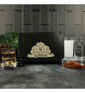 Ahşap Kutulu Vintage Tasarımlı Kişiye Özel Rakı, Çakmak ve Taşlı Viski Kadehi Seti