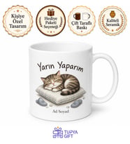 Tembel Kedi Uyuyan Üşengeç Yarın Yaparım Esprili Kupa Bardak Hediye