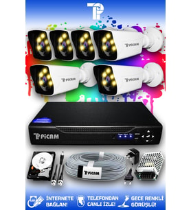 PICAM 6 Kameralı Kare 6 Dış Kamera Set 500 GB HDD Full HD Renkli Gece Görüşlü Güvenlik Kamerası Sistemi (Beyaz)