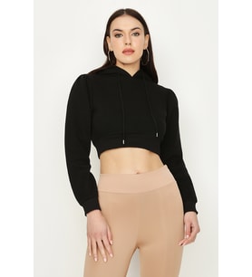 Kadın Kapüşonlu Crop Sweatshirt (Siyah)
