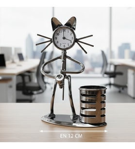 Metal saksafon çalan kedi müzisyen saat ve kalemlik – 17x12 cm (Karışık)