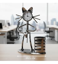 Metal saksafon çalan kedi müzisyen saat ve kalemlik – 17x12 cm (Karışık)