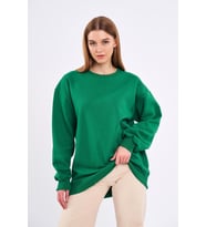 Yeşil Kadın Pamuklu Oversize Basic Bisiklet Yaka Sweatshirt