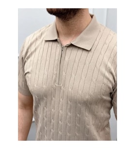 Erkek Yazlık Triko Saç Örgü Tişört Kısa Kol Polo Yaka Fermuarlı T-Shirt - Bej