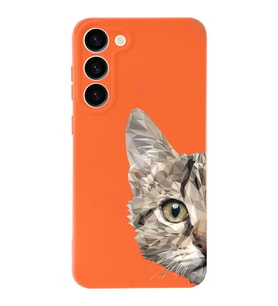 Samsung Galaxy S23 Uyumlu Lansman Kılıf Catface Tasarımlı İçi Kadife Kapak-Turuncu (Şeffaf)