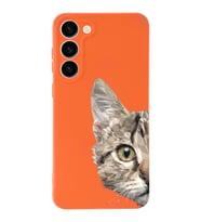 Samsung Galaxy S23 Uyumlu Lansman Kılıf Catface Tasarımlı İçi Kadife Kapak-Turuncu (Şeffaf)