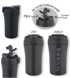 BK Gift Kişiye Özel İsimli 5335 Paslanmaz Çelik Termos Mug 400ml, Vakumlu Termos Bardak (Siyah)