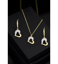 925 Ayar Gümüş Gold Kaplama Sedef Mineli Kalp Kolye Ve Küpe Kadın Set Uvpts600004