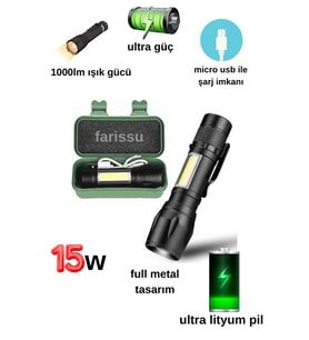 15w 1000lm mini zomlu flaşörlü ful metal suya karşı dayanıklı el feneri