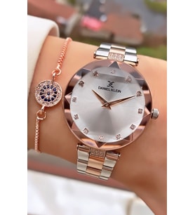 Daniel Klein Kadın Kol Saati – Rose Gold Silver Çelik Kordon – Taş Detaylı Gümüş Kadran – Şık Hediye Seti