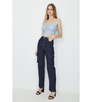 Kadın Kontrast Dikişli Kargo Cepli Yüksek Bel Wide Leg Denim Pantolon (Mavi)