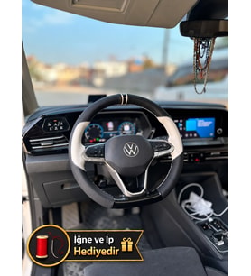 Vw Polo Dikme Direksiyon Kılıfı Delikli Deri Parlak Siyah Bej Detay Çift Yüzük ve Dikiş 2021-2026