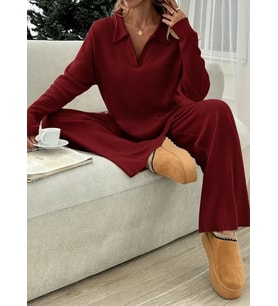 Kadın Uzun Kollu V Yakalı şardonlu Kaşkorse Bluz Ve Pantolon Ikili Takım (Kırmızı)