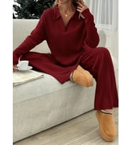 Kadın Uzun Kollu V Yakalı şardonlu Kaşkorse Bluz Ve Pantolon Ikili Takım (Kırmızı)