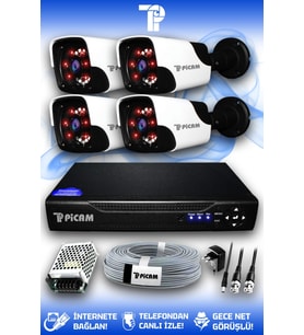 PICAM 4 Kameralı Panda 4 Dış Kamera Set HDD'siz Full HD Gece Görüşlü Güvenlik Kamerası Sistemi