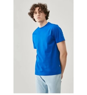 Erkek Düz Penye Tişört Bisiklet Yaka Kısa Kol Regular Fit T-Shirt - Mavi
