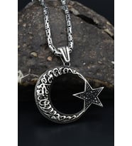 Ay Yıldızlı (AYYILDIZLI) Kelime-i Tevhid Yazlı Kral Zincirli 925 Ayar Gümüş Kolye 901082