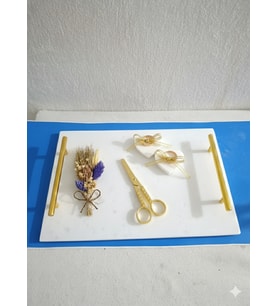 Doğal Mermer Nişan Tepsisi Gold kulplu Altın Makas ve Bir Çiçek Yüzüklük