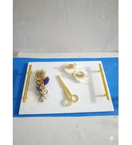 Doğal Mermer Nişan Tepsisi Gold kulplu Altın Makas ve Bir Çiçek Yüzüklük