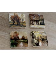 Sonbahar Ağaçlı Manzaralar Doğal Taş Bardak Altlığı 4'lü set - Natural Stone Coasters