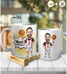 Kişiye Özel İsimli Basketbol Karikatür Tasarım Beyaz Kupa ve Ahşap Palet Altlığı Hediyeli Kupa Bardak oh1031