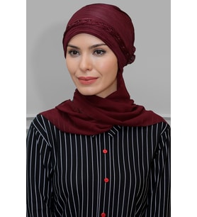 Bordo Pratik Hazır Geçmeli Tesettür Bone Fukuro Piliseli Örgülü Şifon Atkılı 1825A_16