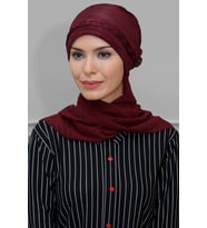 Bordo Pratik Hazır Geçmeli Tesettür Bone Fukuro Piliseli Örgülü Şifon Atkılı 1825A_16