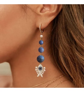 Lapis Taşlı İncili Balık Apm Model Gold Kaplama Sallantı Gümüş Küpe