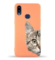 Samsung Galaxy A10s Uyumlu Lansman Kılıf Catface Tasarımlı İçi Kadife Kapak-Turuncu (Şeffaf)