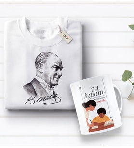 BK Gift Kişiye Özel Öğretmenler Günü Tasarımlı Kupa Bardak ve Atatürk Baskılı Tişört Hediye Seti- 3-6, Öğretmene Hediye, Öğretmenler Günü, 100. Yıl Hediyesi
