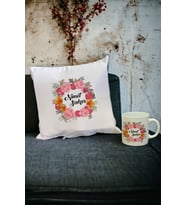 Çiçek Tasarımlı Kupa Bardak ve Yastık Set (Beyaz)