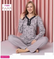 Sude Kadın Bambu İnterlok Uzun Kol Yakası Nakışlı V Yaka Pijama Takımı P5044 - 1 Adet (Gri)