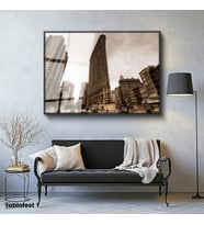 Siyah Renk Metal Çerçeveli Tamperli Cam Tablo New York Flatiron Binası Şehir Mimari Tablo Duvar Dekoru