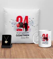 BK Gift Kişiye Özel Öğretmenler Günü Tasarımlı Beyaz Kupa Yastık ve İsimli Papatya Kolye Hediye Seti- 3, Öğretmene Hediye, Öğretmenler Günü