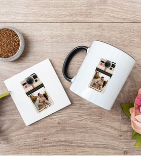 Kişye Özel Polaroid Tasarım Fotoğraflı Siyah Kupa ve Bardak Altlığı