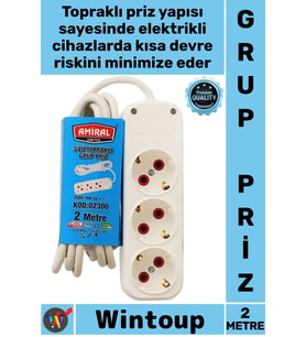 #Priz Dayanıklı Isıya Dirençli Beyaz Güvenli Uzatma Kablosu 3'lü Topraklı 2 Metre Kablolu Grup Priz