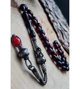 Gümüş Kazaz Püsküllü 7x11mm Kırmızı Sürmeli Kehribar Tesbih (Çok Renkli)