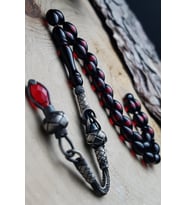 Gümüş Kazaz Püsküllü 7x11mm Kırmızı Sürmeli Kehribar Tesbih (Çok Renkli)