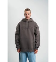 Erkek Nakış İşlemeli Kapşonlu Antrasit Sweatshirt Üç İplik Double Oversize- Füme