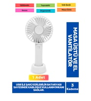 Sessiz 3 Kademeli Hafif Kablosuz 1200mAh Pervaneli Taşınabilir Usb Şarjlı Masa El Fanı Vantilatör